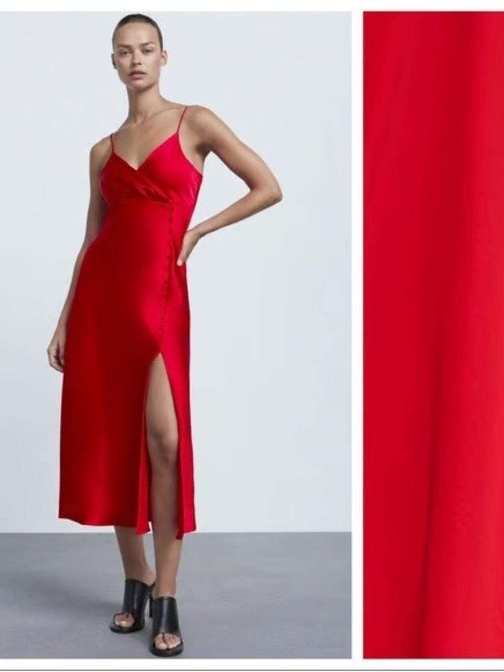 NWT Zara Red Satin Midi Slip Dress with Side Buttons XS xs small